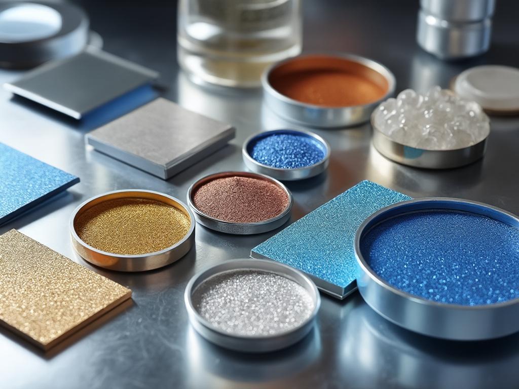 Diversos pigmentos metálicos y brillos en recipientes sobre una superficie reflectante. Diversos pigmentos metálicos y brillos en recipientes sobre una superficie reflectante.