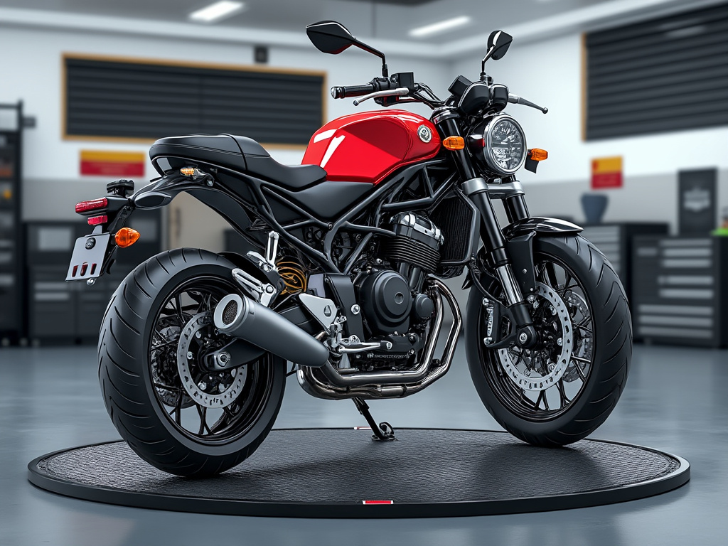 Motocicleta deportiva roja en un taller mecánico moderno con piso de madera y herramientas al fondo.