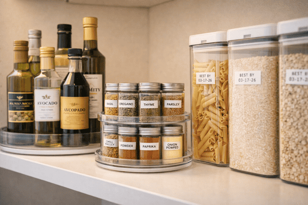 Labeled pantry shelf with turntable organizers showing long-lasting professional organization system