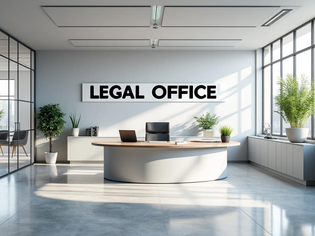 Oficina legal moderna con escritorio curvo, plantillas verdes y letrero grande en la pared, iluminada por luz natural. Oficina legal moderna con escritorio curvo, plantillas verdes y letrero grande en la pared, iluminada por luz natural.