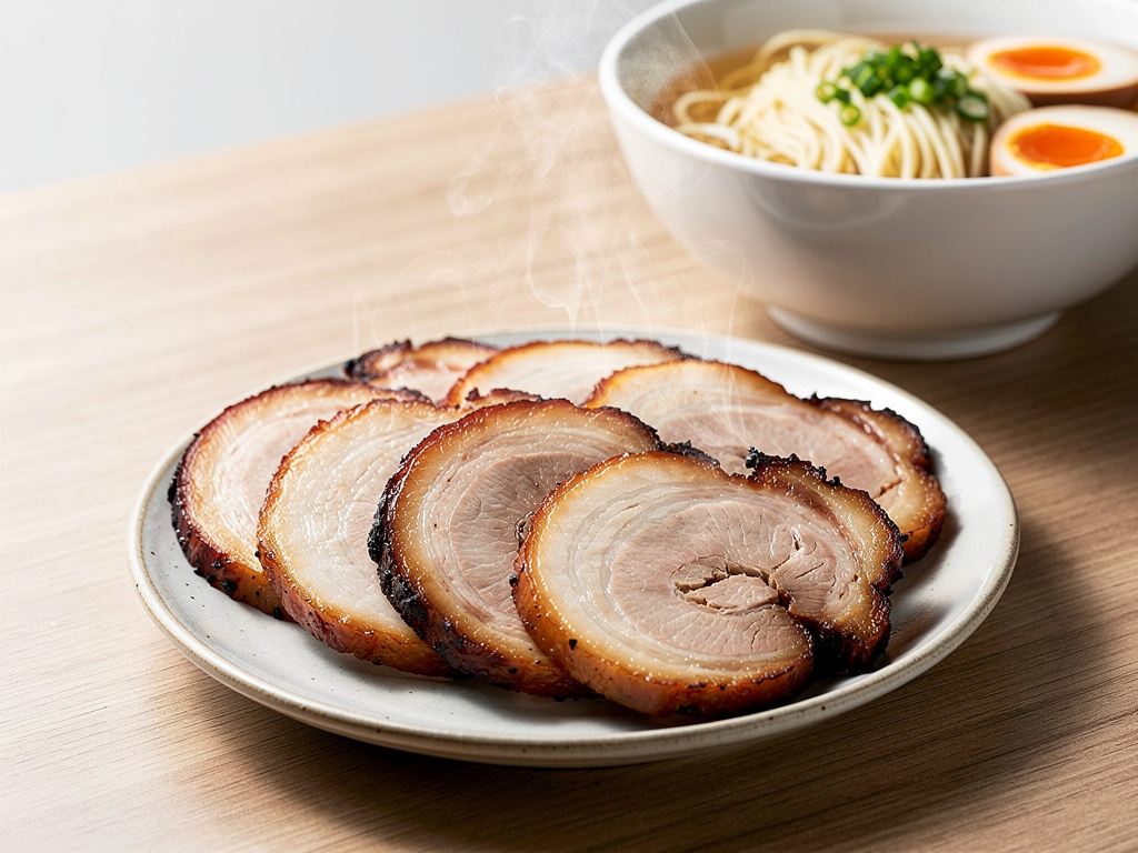Sliced chashu pork on a plate with steaming ramen bowl, noodles, soft-boiled eggs, and green onions