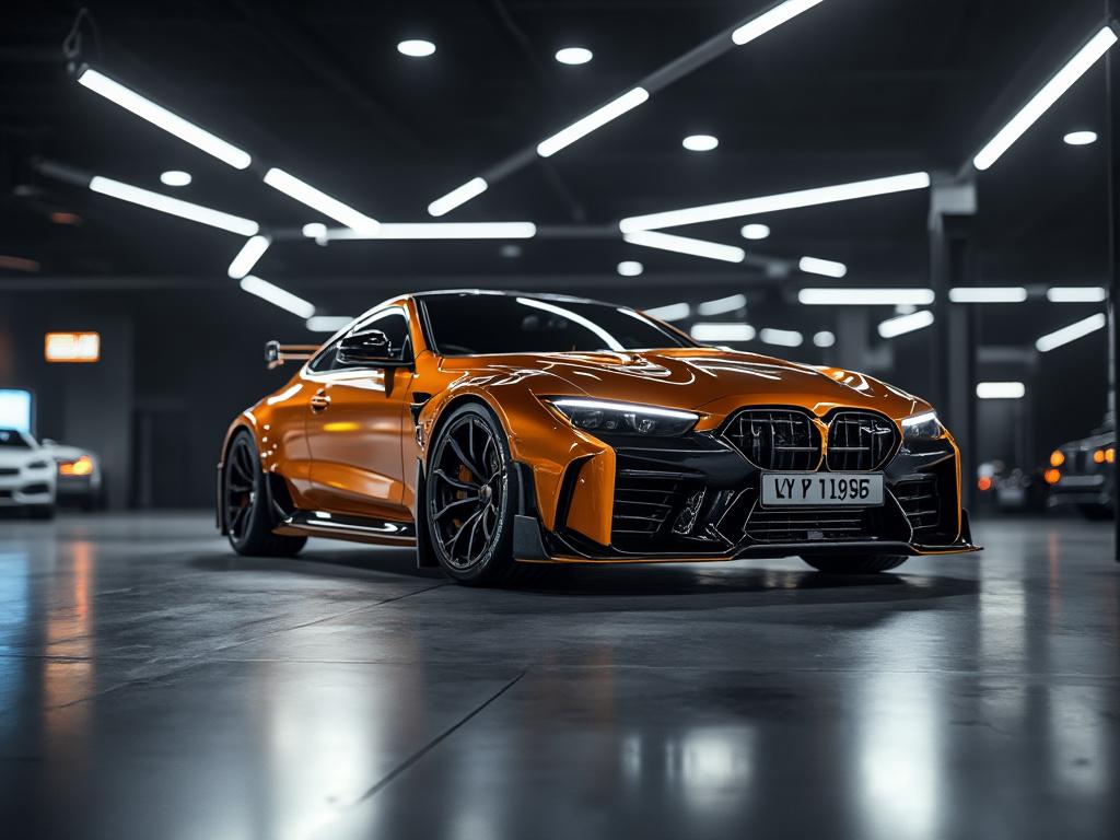 Deportivo naranja estacionado en un garaje iluminado con diseño moderno y luces de neón.