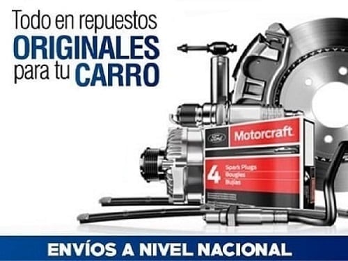 Imagen publicitaria de repuestos originales para automóviles con piezas de Motorcraft y mensaje de envíos a nivel nacional.
