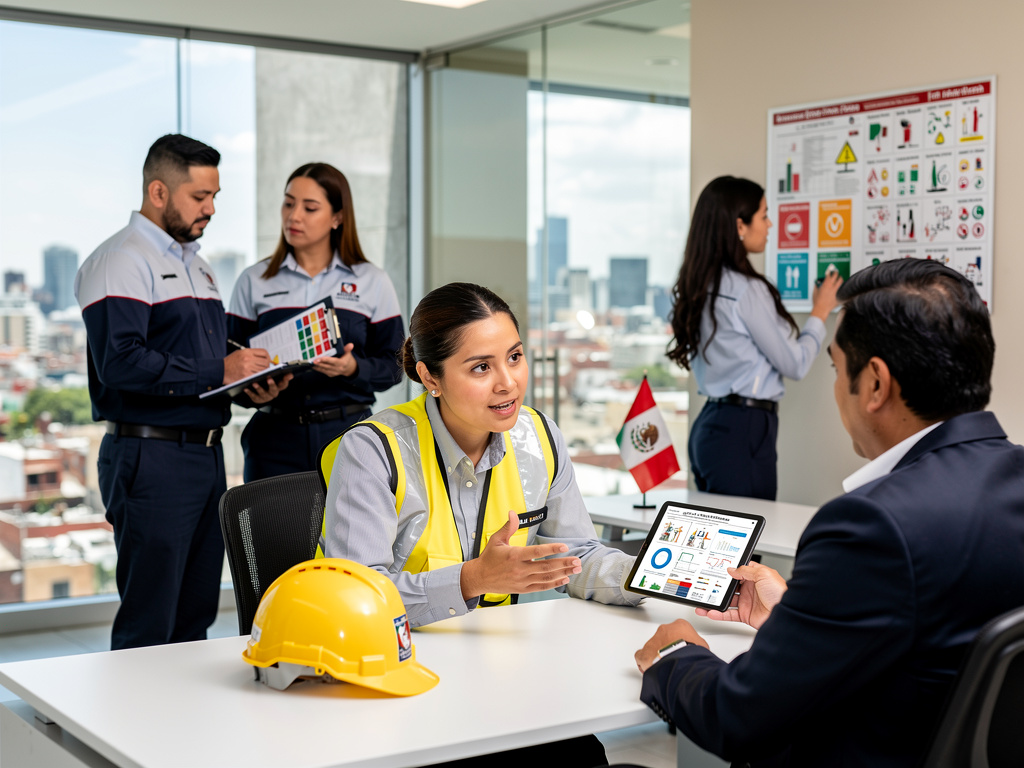 Equipo de seguridad industrial en oficina revisando indicadores de prevención de riesgos laborales en México