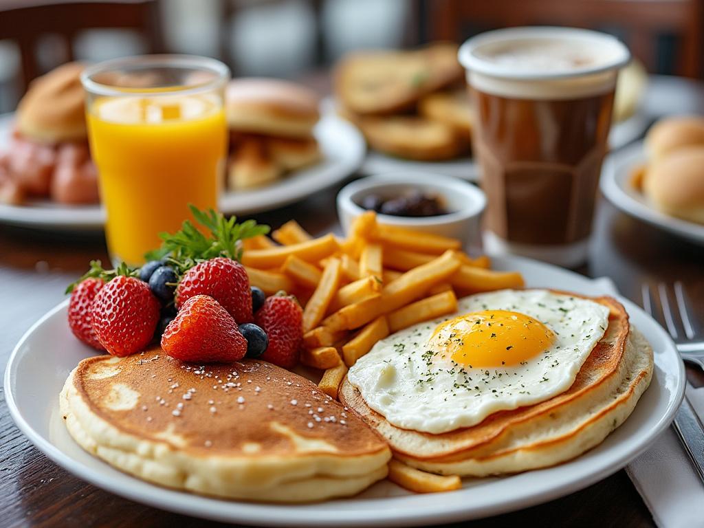 Plate of breakfast food with pancakes, strawberries, blueberries, fried egg, and fries, served with orange juice and coffee on a wooden table.