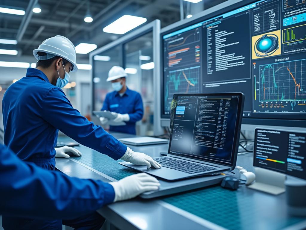 Ingenieros en una planta industrial monitorean datos en computadoras con gráficos en pantallas grandes.