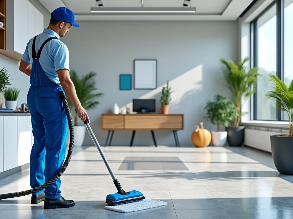 Trabajador de limpieza con uniforme azul aspirando el suelo de una oficina moderna con plantas y gran ventana.