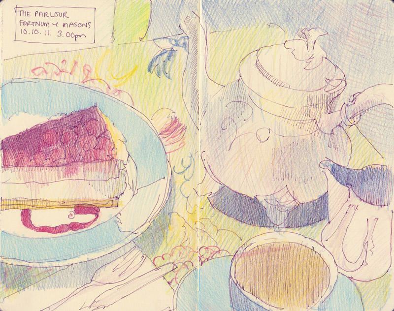 Tea and cake at The Parlour Restaurant, Fortnum and Mason
pen and ink and coloured pencils, 8" x 10"
See http://travelsketch.blogspot.co.uk/2011/10/parlour-restaurant.html