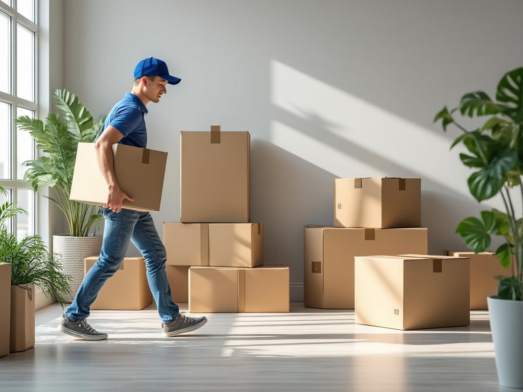 Man in blue uniform carrying cardboard boxes in a bright, plant-filled room with stacked boxes by the window.