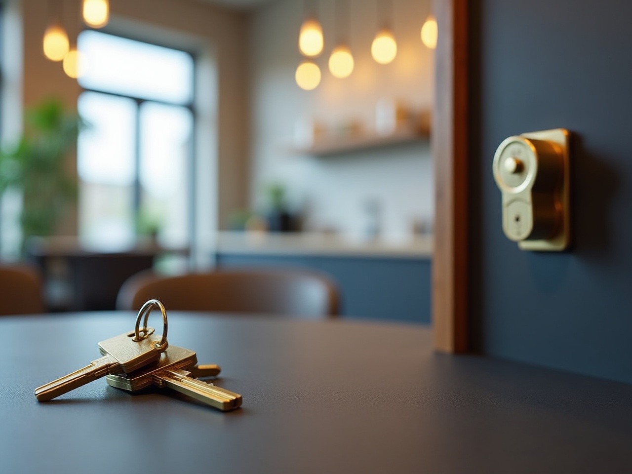 Llaves sobre una mesa con cerraduras al fondo y texto 'Locksmith hours' en un entorno moderno y bien iluminado.