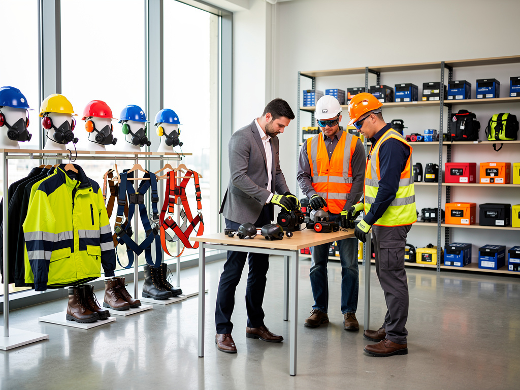 Trabajadores revisando equipos de protección personal en tienda de seguridad industrial con cascos, arneses, botas y ropa reflectante Trabajadores revisando equipos de protección personal en tienda de seguridad industrial con cascos, arneses, botas y ropa reflectante
