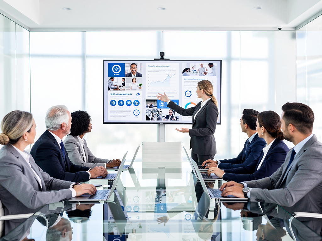 Businesswoman presenting analytics dashboard to corporate team in modern conference room
