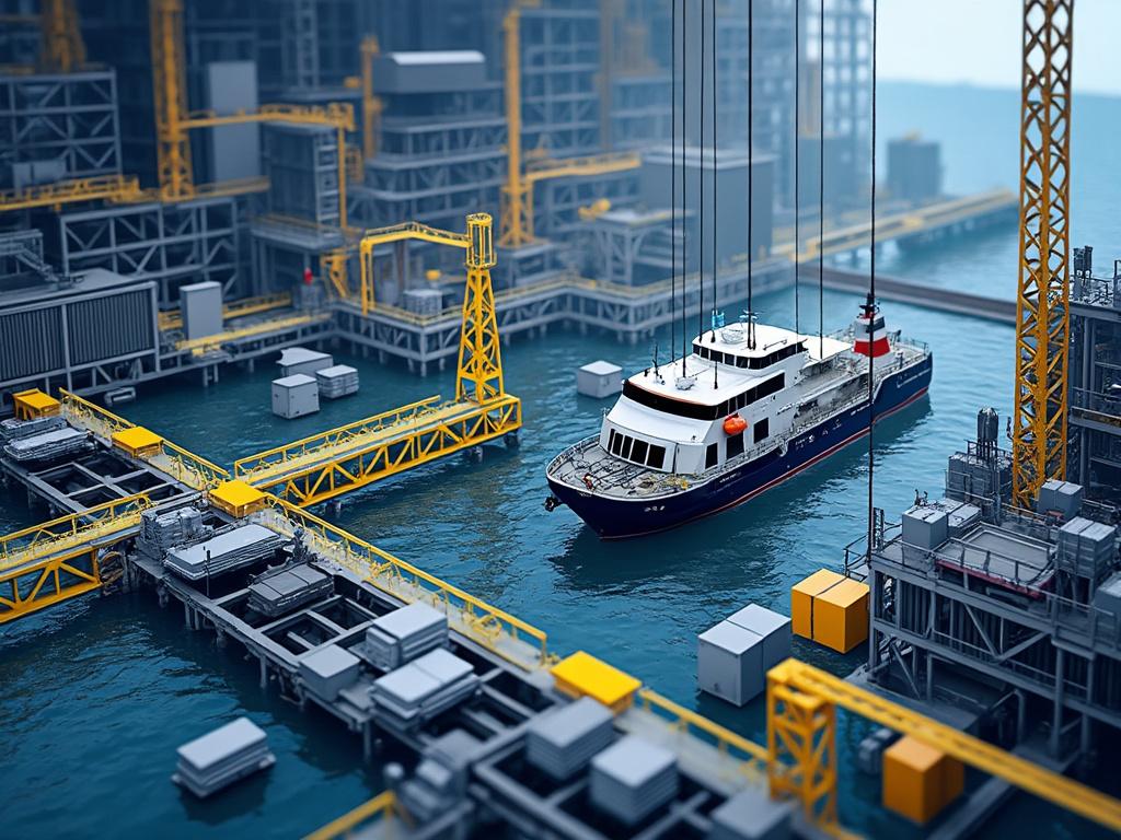 Aerial view of a ship docked at an industrial port with cranes, containers, and platforms surrounding it.