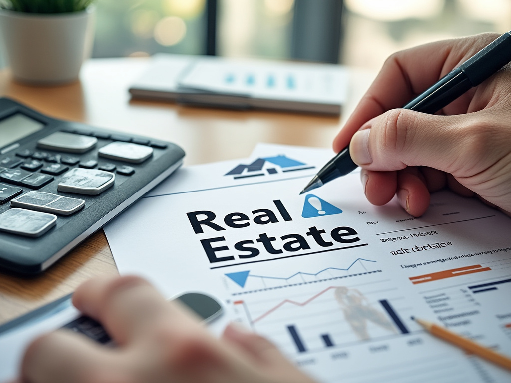 Mano escribiendo en documento de bienes raíces con calculadora y gráficos en mesa de oficina.