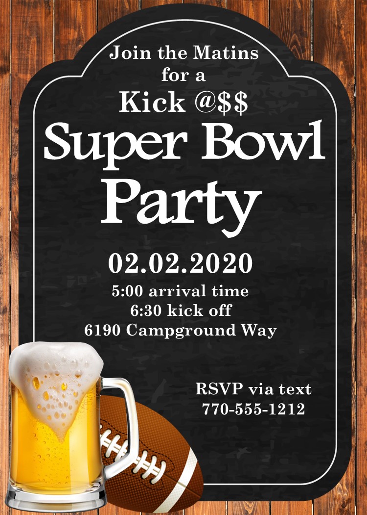 Super Bowl Party Invitations chalkboard on woodgrain