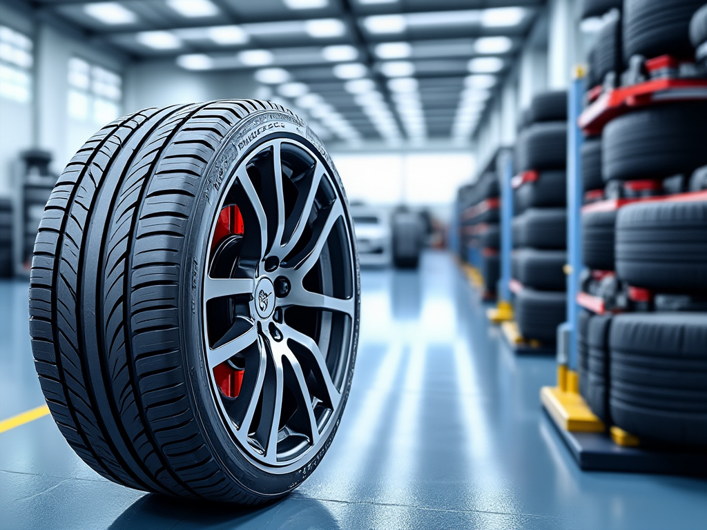 Neumático de automóvil en primer plano en un taller mecánico moderno, con estantes de más neumáticos al fondo.