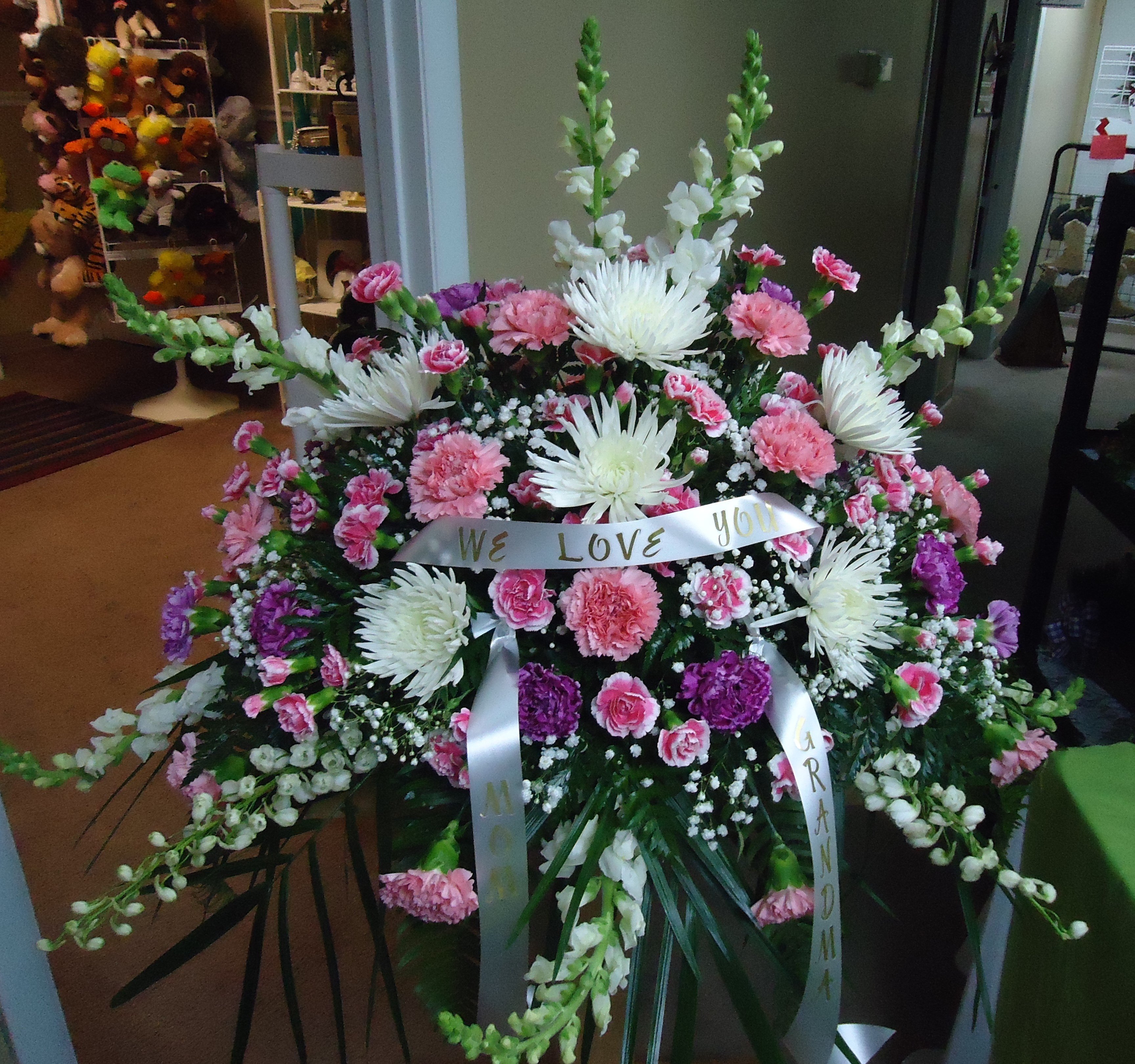 &quot;BLESSED ANGEL&quot;
  Pink, Purple &amp; White
    $400.00
Add A Banner ($5.00 &amp; Up)