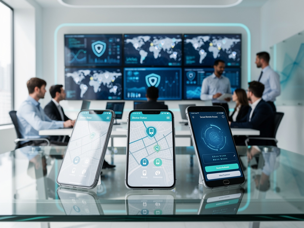 Teléfonos inteligentes con aplicaciones de seguridad móvil frente a equipo empresarial en sala de control de ciberseguridad