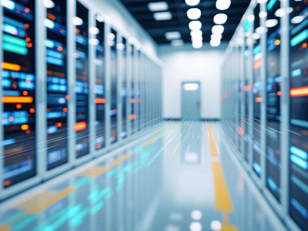 Modern data center with rows of illuminated server racks and futuristic lighting.
