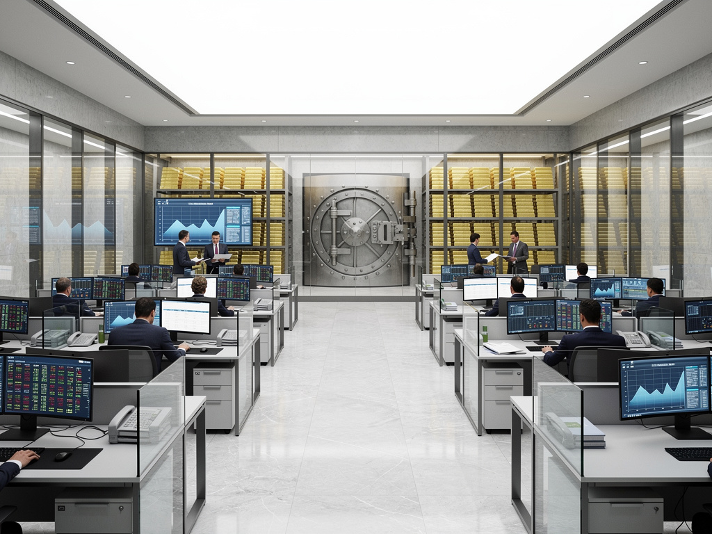 Modern gold trading office with analysts at computer stations, market charts, secure vault door, and gold bars storage