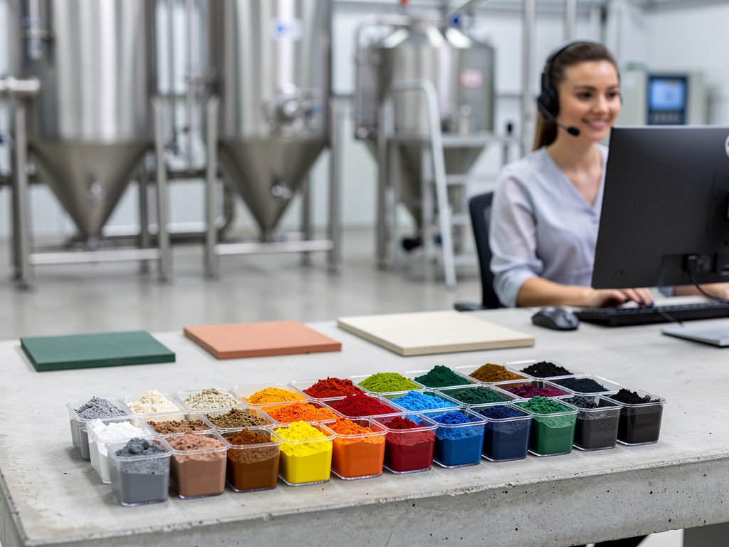 Muestras de pigmentos de colores en laboratorio industrial con operaria usando ordenador y auriculares