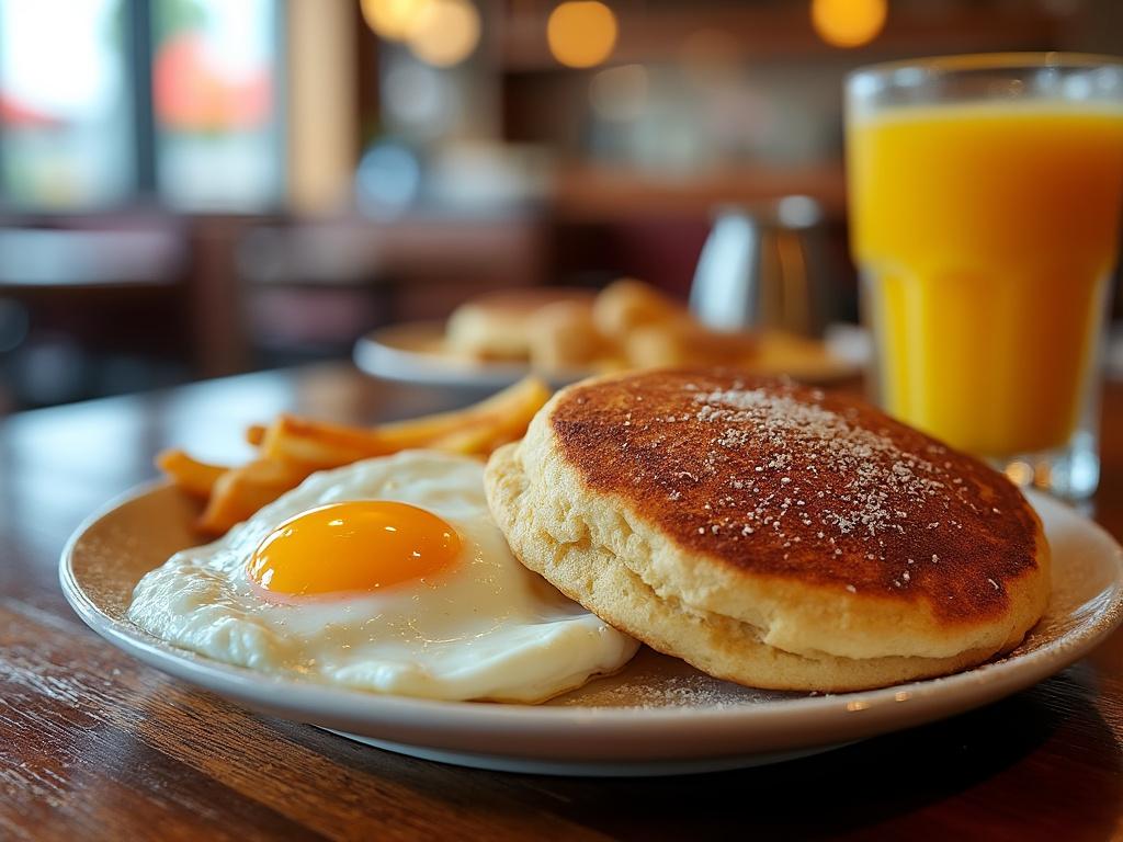 Plate of breakfast with sunny-side-up egg, pancake, and fries, next to a glass of orange juice on a wooden table.