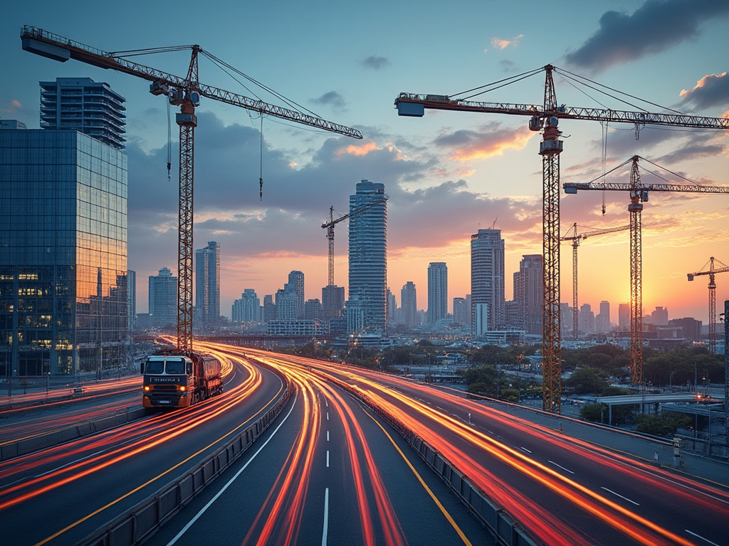 Grúas de construcción sobre autopista con luces de tráfico y rascacielos urbanos al atardecer Grúas de construcción sobre autopista con luces de tráfico y rascacielos urbanos al atardecer