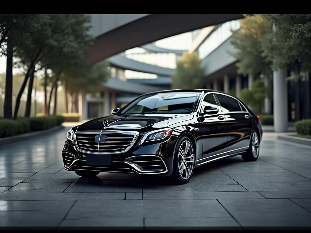 Coche de lujo negro estacionado en una calle moderna con árboles y edificios de fondo.