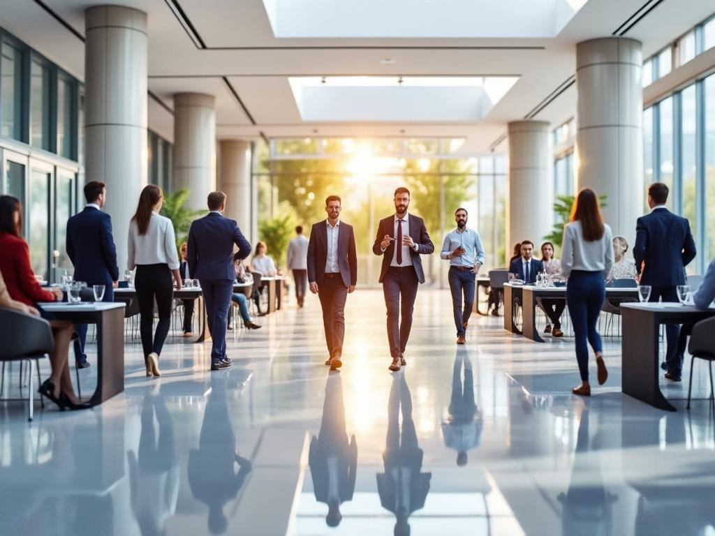 Personas en un moderno edificio de oficinas iluminado por el sol, caminando y trabajando en mesas amplias rodeadas de columnas y ventanas grandes.