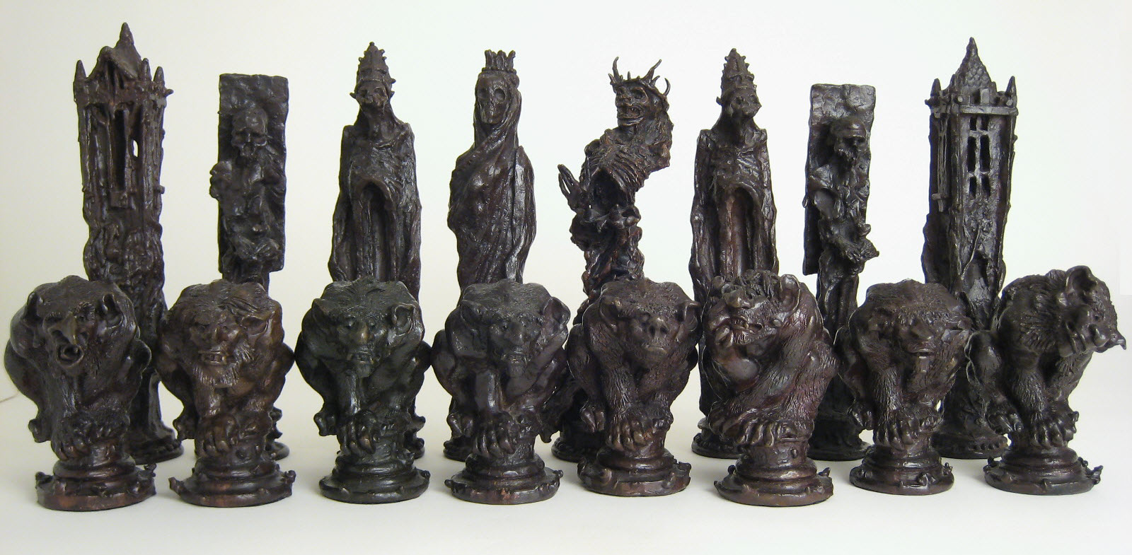 Black pieces from the Bill Girard Lord of the Rings Chess Set (Bronze)