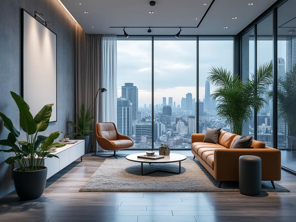 Modern living room with leather sofa, large windows showcasing city skyline, indoor plants, and contemporary decor.