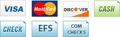 We accept Visa, MasterCard, Discover, Cash, Check, EFS and Com Checks.