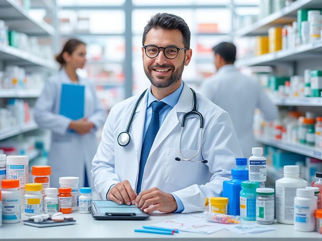 Farmacéutico con bata blanca y estetoscopio, rodeado de medicinas en una farmacia.