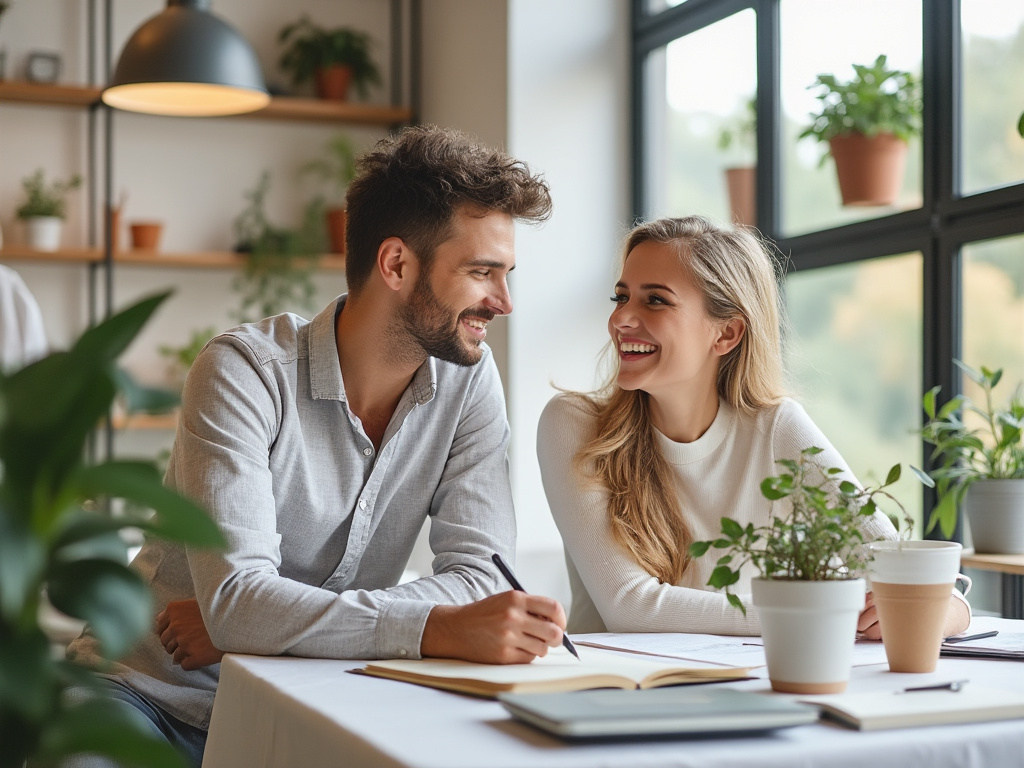 Pareja sonriente trabajando en una mesa con libros y plantas en una oficina luminosa.