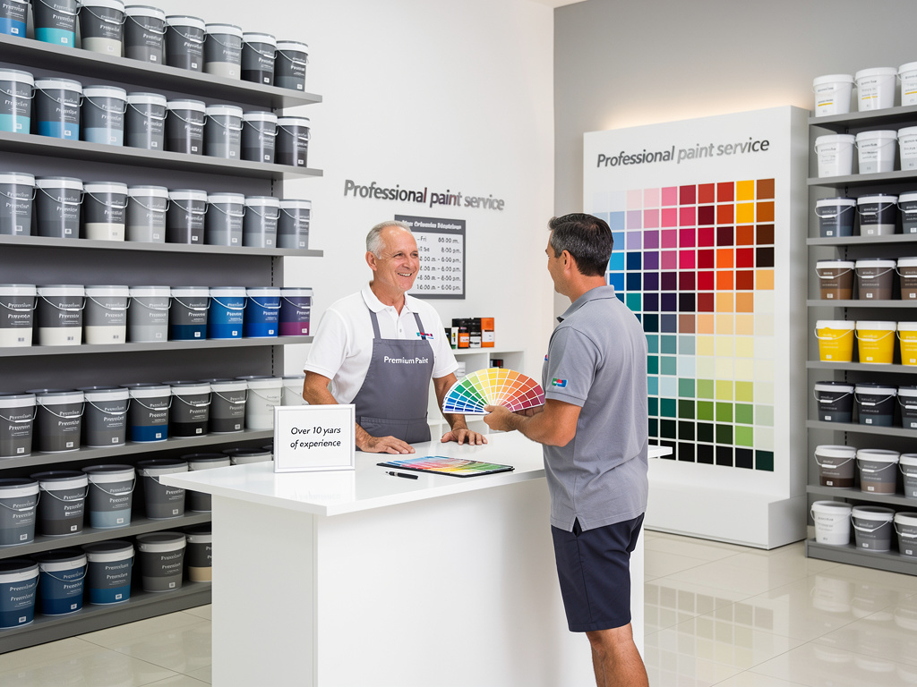 Asesoría profesional de pintura en tienda con muestras de colores y estanterías de cubos de pintura Asesoría profesional de pintura en tienda con muestras de colores y estanterías de cubos de pintura
