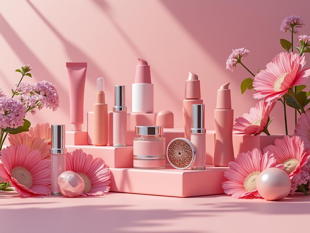 Productos de belleza en envases rosados con flores y fondo pastel.