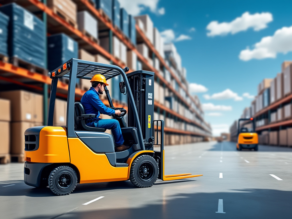 Warehouse worker operating a yellow forklift in an aisle with stacked shelves under a clear blue sky.