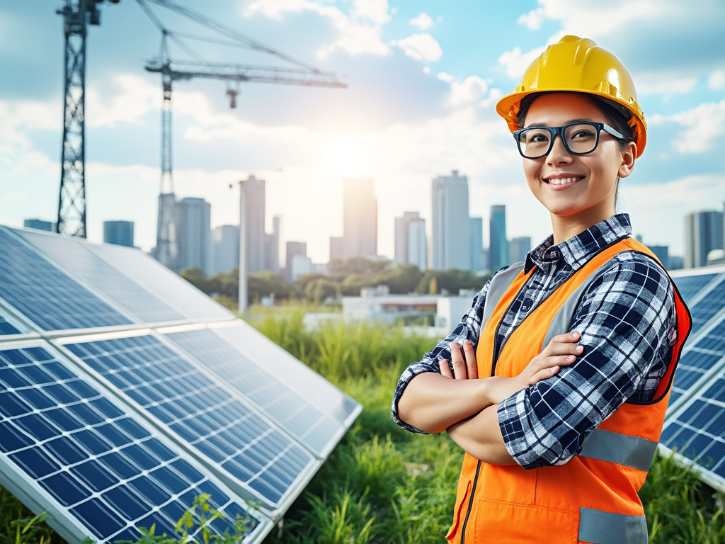 Ingeniera sonriente con casco y chaleco de seguridad, de pie junto a paneles solares, con grúas y edificios en el fondo.