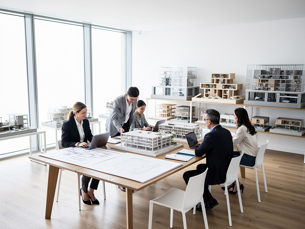 Equipo de arquitectos revisando planos y maquetas de edificios en una oficina moderna Equipo de arquitectos revisando planos y maquetas de edificios en una oficina moderna