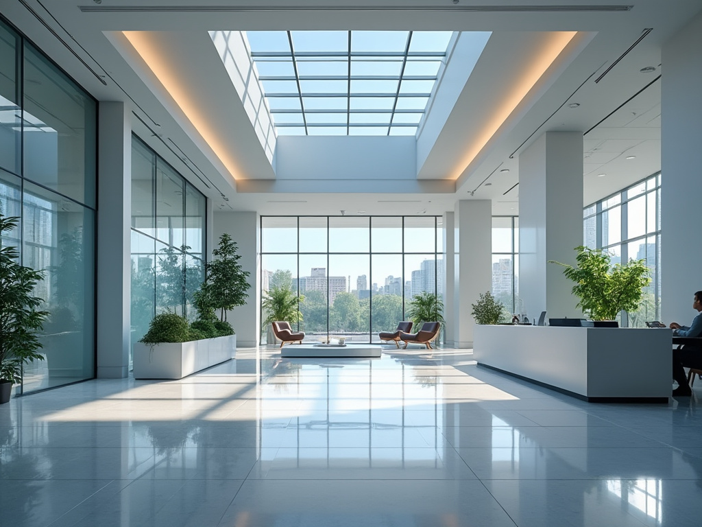 Vestíbulo moderno con techo acristalado, plantas decorativas y muebles elegantes.