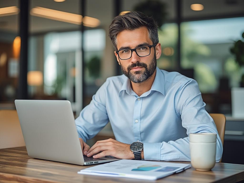 Businessman with glasses working on a laptop at a wooden table in a modern office, with documents and a coffee mug.