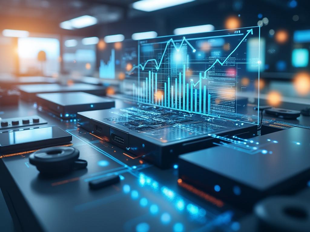 Mesa de trabajo con gráficos digitales y computadora portátil en entorno tecnológico futurista iluminado.