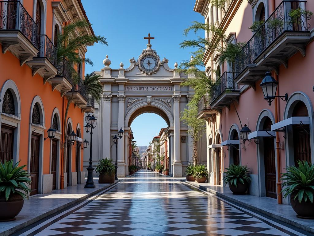 Calle pavimentada con arcos ornamentales, edificios con balcones y plantas decorativas, bajo un cielo despejado.