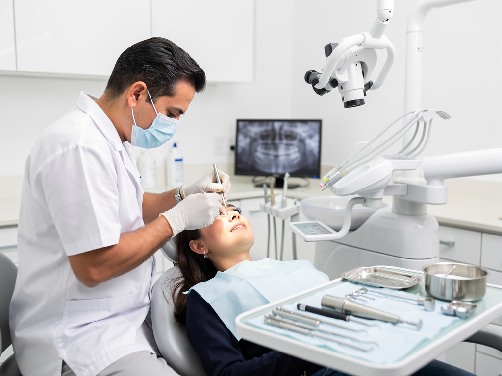 Dentista realizando revisión dental a paciente en clínica odontológica moderna con equipo profesional y radiografía