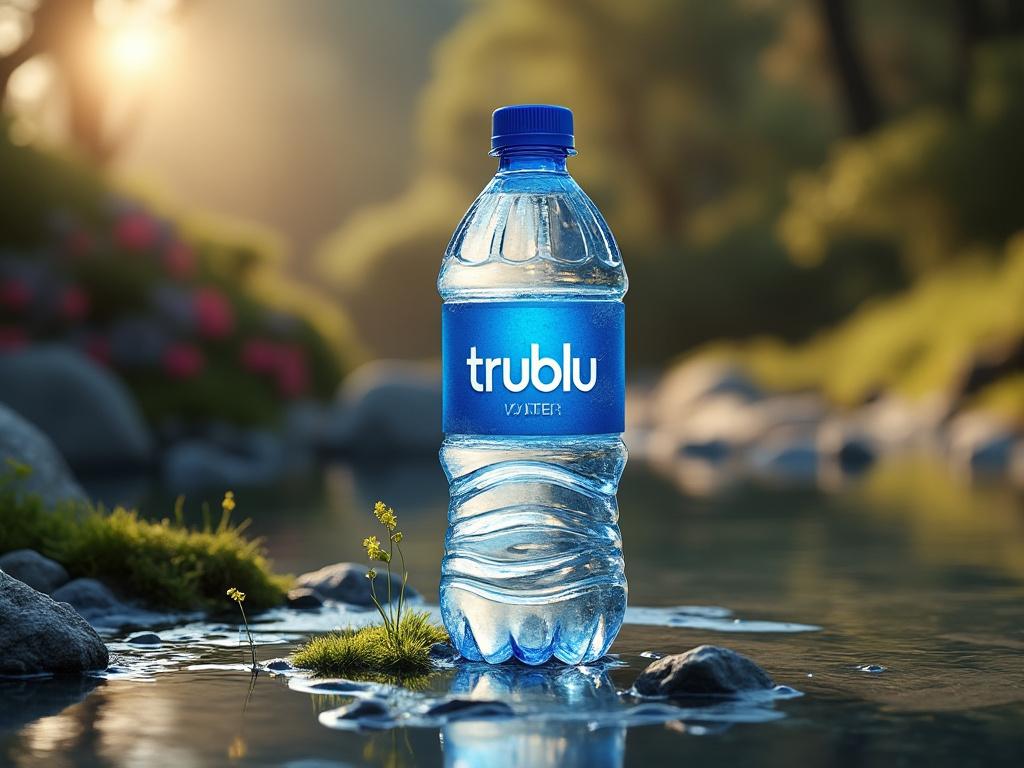Plastic water bottle labeled 'trublu' standing on a small stream surrounded by nature with sunlight in the background.