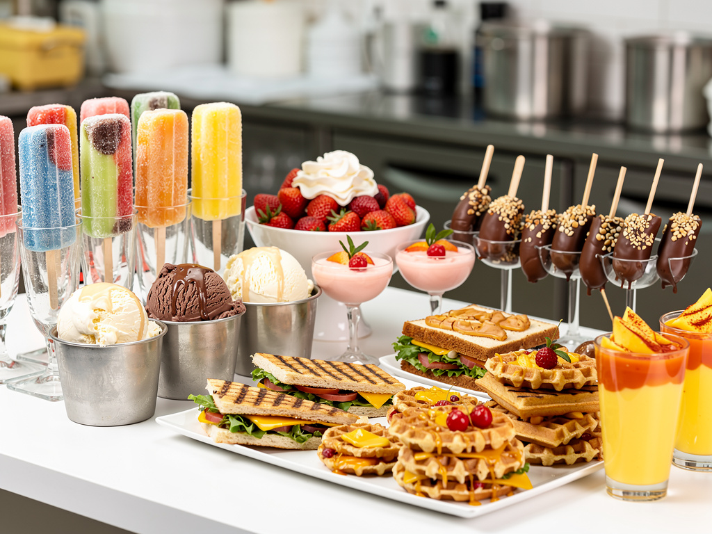 Mesa de postres y snacks con helados, paletas, fresas, waffles, batidos y plátanos con chocolate en una cocina