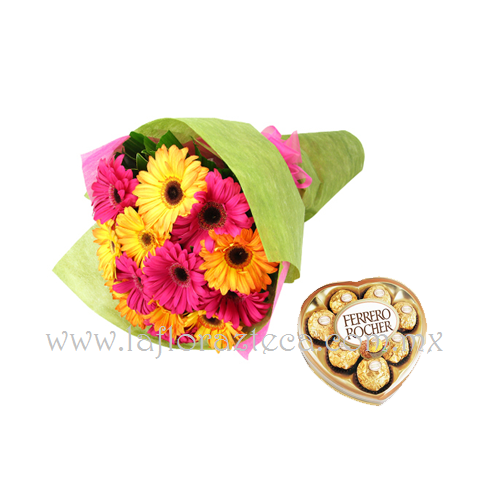 MD - 149  $880
Bouquet de gerberas y chocolates ferrero rocher 8pz