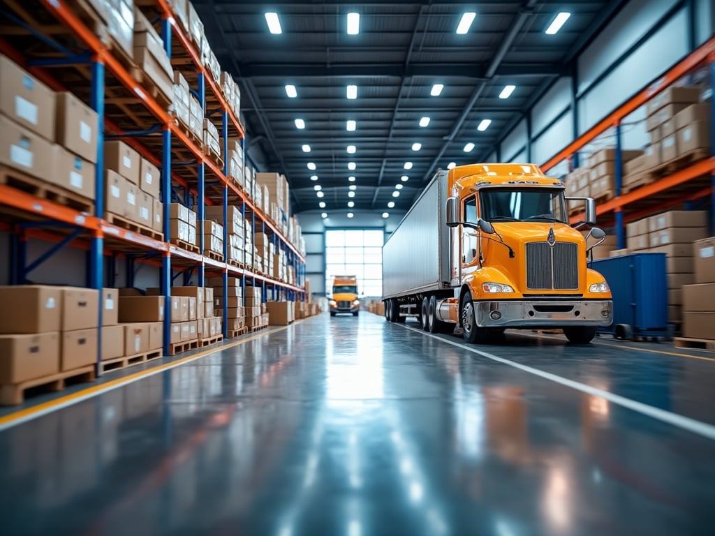Camión amarillo en almacén con estantes llenos de cajas de cartón.