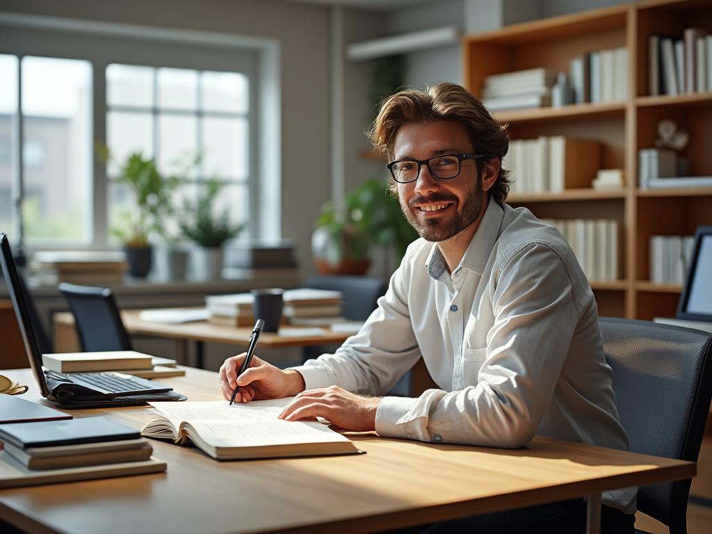 Smiling man writing in a notebook at a desk in a sunny office with bookshelves.