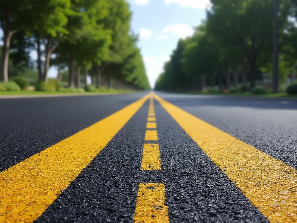 Close-up of a fresh asphalt road with bright yellow lines, flanked by green trees on a sunny day.